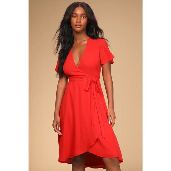 Lulus Wrap Dress Women’s Large Red Bow Rise Occasion Cherry Romantic - Picture 5 of 16